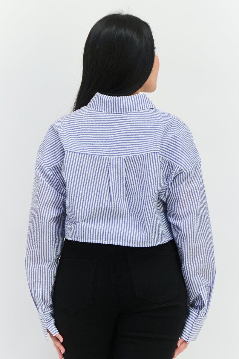 NIA Women Spread Collar Long Sleeve Stripe Shirt, Multicolor - Image 3