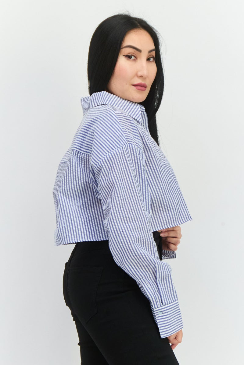 NIA Women Spread Collar Long Sleeve Stripe Shirt, Multicolor - Image 2