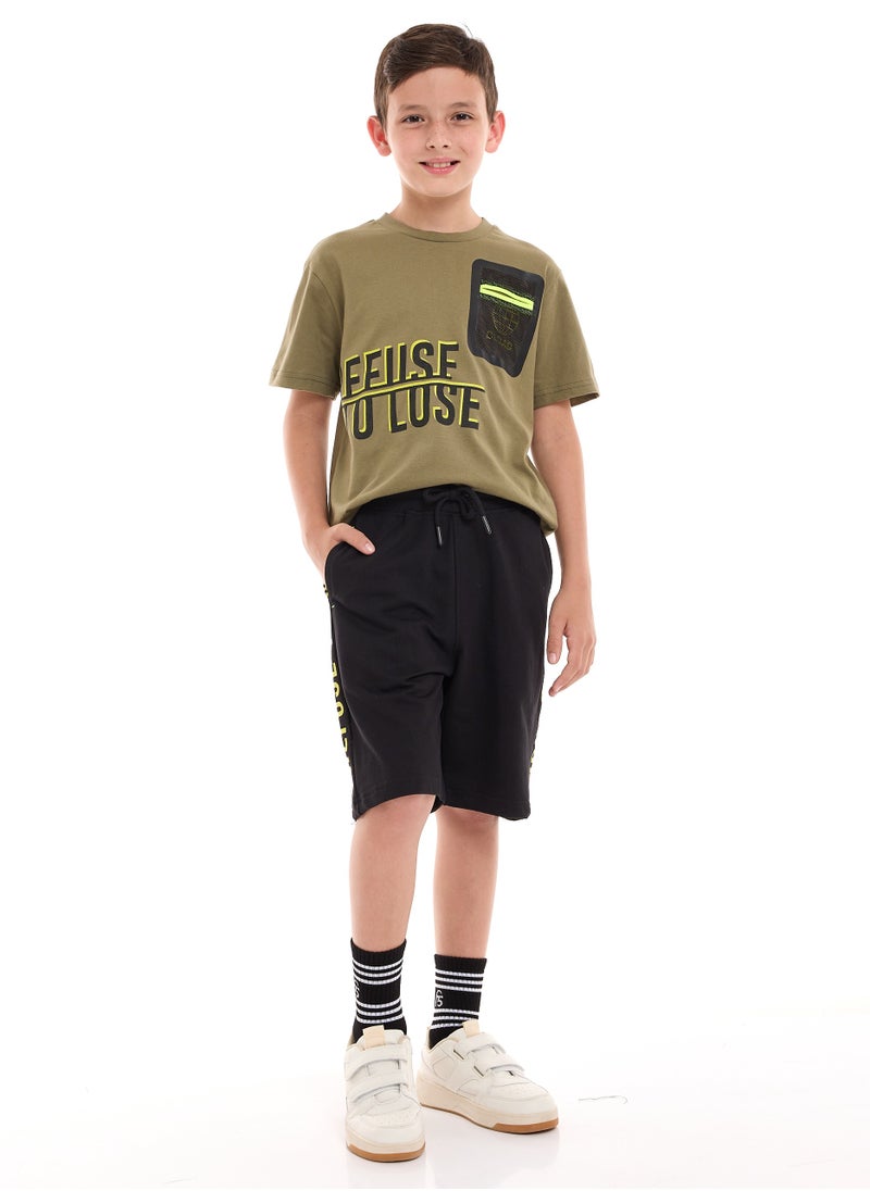 victor and jane Boys' 2-Piece Outfit: Olive T-Shirt & Black Shorts (6-12 Years)  - Image 1