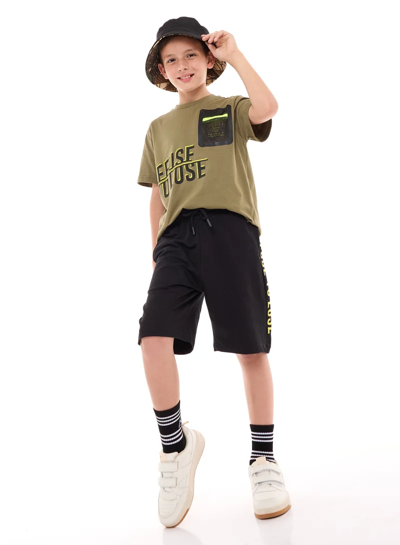 victor and jane Boys' 2-Piece Outfit: Olive T-Shirt & Black Shorts (6-12 Years)