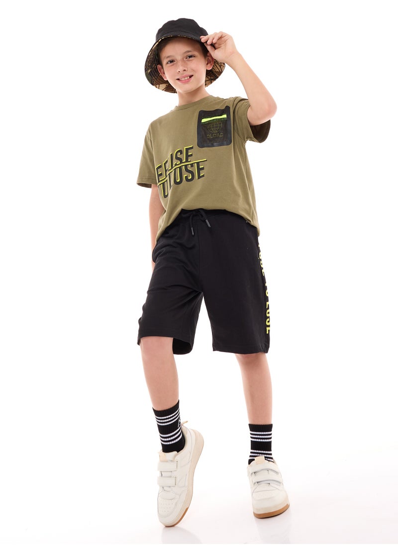 victor and jane Boys' 2-Piece Outfit: Olive T-Shirt & Black Shorts (6-12 Years)  - Image 5