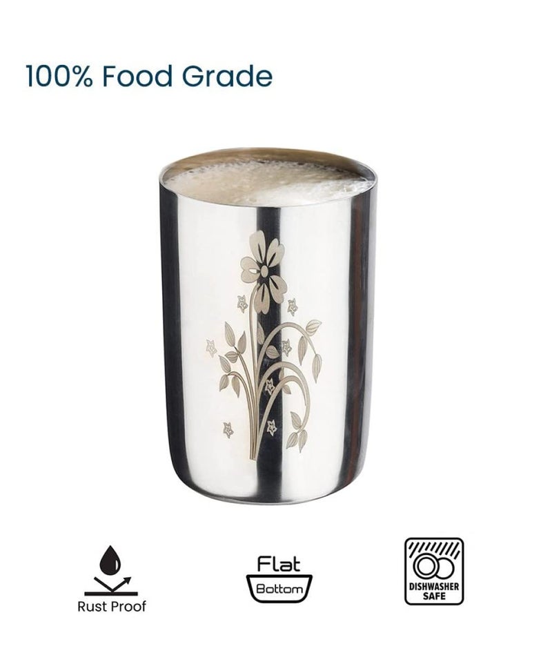 KC Stainless Steel Water Glasses Amarpali Design with Laser Flower Design | Capacity: 350 ML | Set of 6 Glasses - Image 3