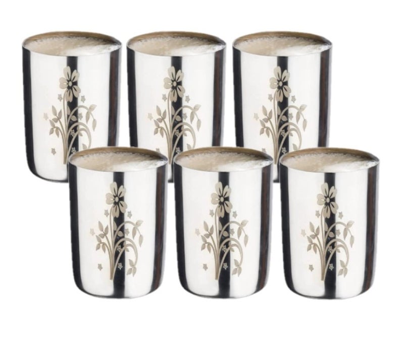 KC Stainless Steel Water Glasses Amarpali Design with Laser Flower Design | Capacity: 350 ML | Set of 6 Glasses - Image 1