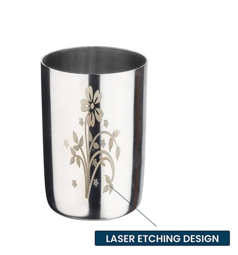 KC Stainless Steel Water Glasses Amarpali Design with Laser Flower Design | Capacity: 350 ML | Set of 6 Glasses - Image 2