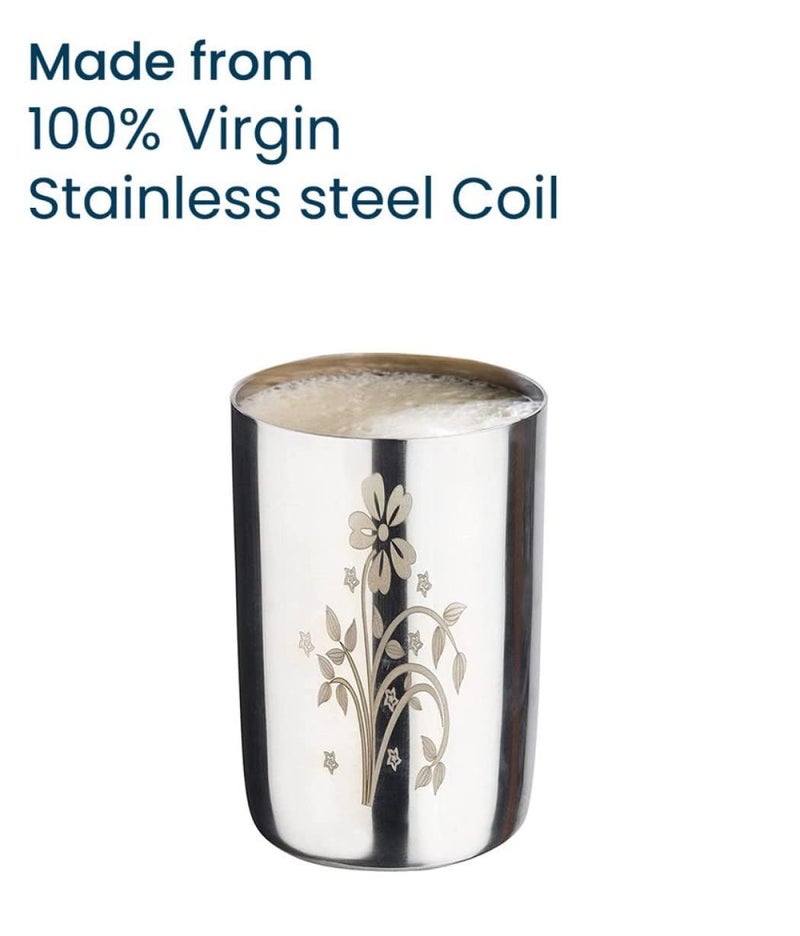 KC Stainless Steel Water Glasses Amarpali Design with Laser Flower Design | Capacity: 350 ML | Set of 6 Glasses - Image 4