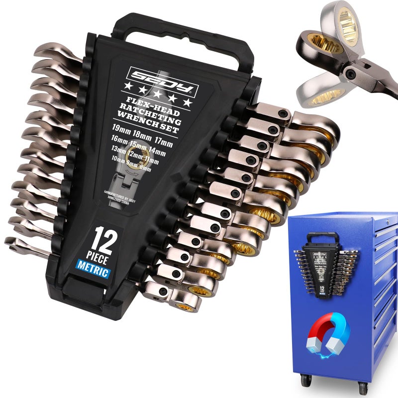 SEDY Premium 12-Piece Metric Flex-Head Ratchet Wrenches Set 8-19mm with Magnetic Organizer, Cr-V Steel Ratcheting Wrench Set with 72 Teeth 180Â° Flex Head, Ratchet Combination Wrench Set for Repair - Image 1