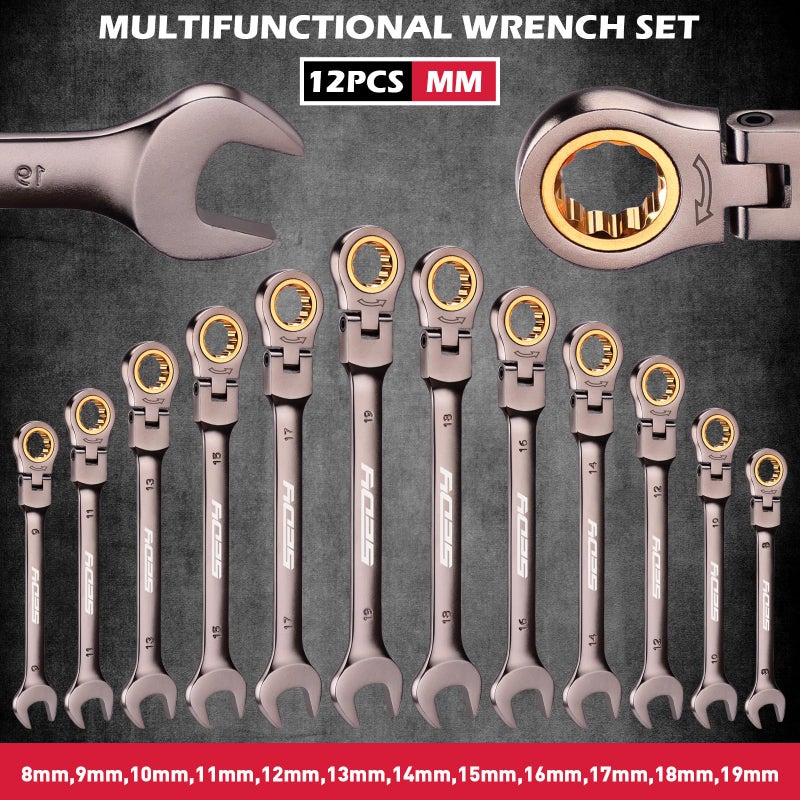SEDY Premium 12-Piece Metric Flex-Head Ratchet Wrenches Set 8-19mm with Magnetic Organizer, Cr-V Steel Ratcheting Wrench Set with 72 Teeth 180Â° Flex Head, Ratchet Combination Wrench Set for Repair - Image 2