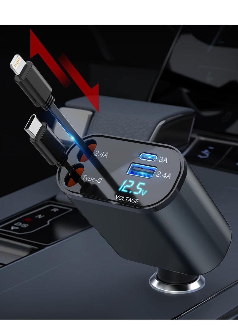 GULFLINK Retractable Fast Car Charger USB C Car Charger Fast Charging 120W 2 Retractable Cable and USB Port Car Charger Adapter  - Image 1