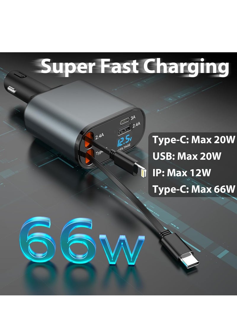 GULFLINK Retractable Fast Car Charger USB C Car Charger Fast Charging 120W 2 Retractable Cable and USB Port Car Charger Adapter  - Image 2