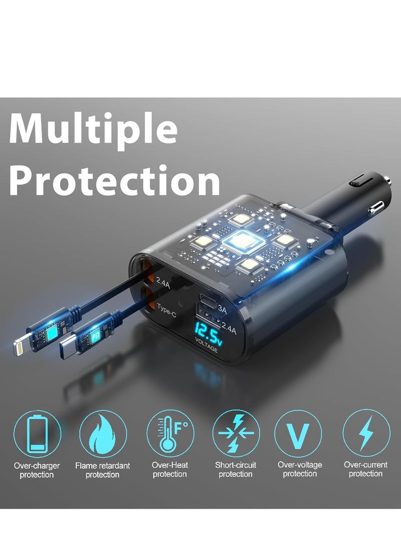 GULFLINK Retractable Fast Car Charger USB C Car Charger Fast Charging 120W 2 Retractable Cable and USB Port Car Charger Adapter  - Image 3