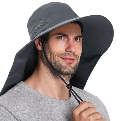 GUSTAVE® Universal Sun Hat - Wide Brimmed UV Protection Hat with Neck Flap & Adjustable Windproof Chin Strap, Breathable Polyester Material for Hiking, Fishing, Gardening - Fits 22"-24" Heads Grey - Image 1