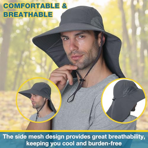 GUSTAVE® Universal Sun Hat - Wide Brimmed UV Protection Hat with Neck Flap & Adjustable Windproof Chin Strap, Breathable Polyester Material for Hiking, Fishing, Gardening - Fits 22"-24" Heads Grey - Image 4