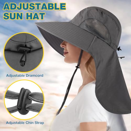GUSTAVE® Universal Sun Hat - Wide Brimmed UV Protection Hat with Neck Flap & Adjustable Windproof Chin Strap, Breathable Polyester Material for Hiking, Fishing, Gardening - Fits 22"-24" Heads Grey - Image 3