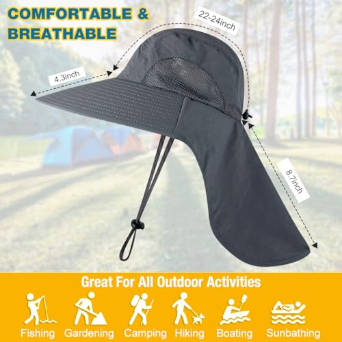 GUSTAVE® Universal Sun Hat - Wide Brimmed UV Protection Hat with Neck Flap & Adjustable Windproof Chin Strap, Breathable Polyester Material for Hiking, Fishing, Gardening - Fits 22"-24" Heads Grey - Image 5