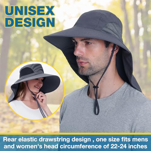 GUSTAVE® Universal Sun Hat - Wide Brimmed UV Protection Hat with Neck Flap & Adjustable Windproof Chin Strap, Breathable Polyester Material for Hiking, Fishing, Gardening - Fits 22"-24" Heads Grey - Image 2