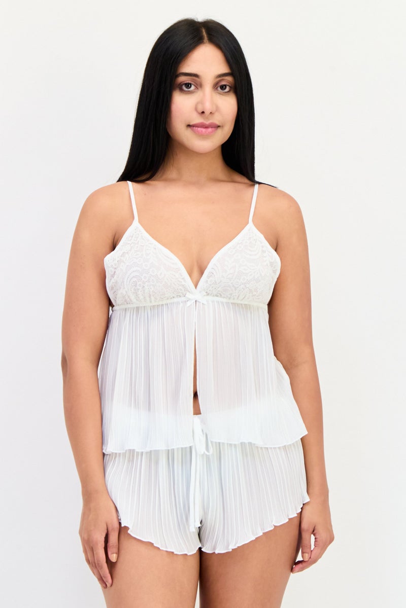 Flora Women 2 Pieces Pleated Top And Bottom Sleepwear Set, White - Image 1