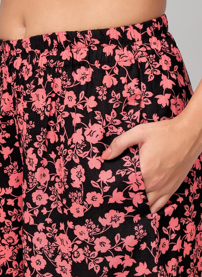 كلوفيا Clovia Floral Print Top & Shorts Set in Black - Rayon