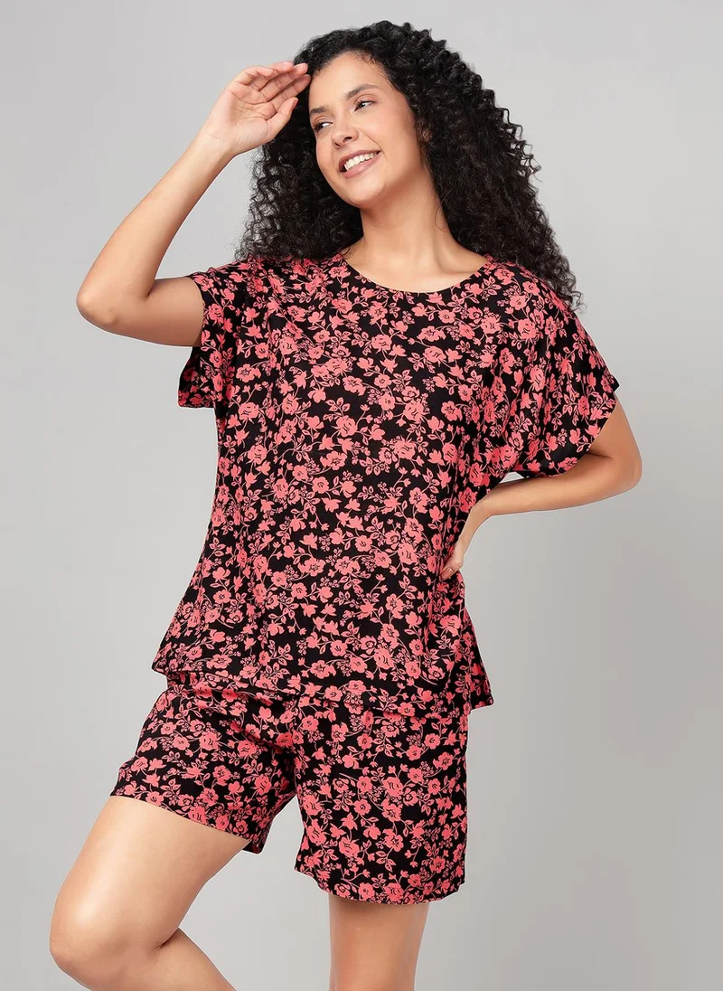كلوفيا Clovia Floral Print Top & Shorts Set in Black - Rayon