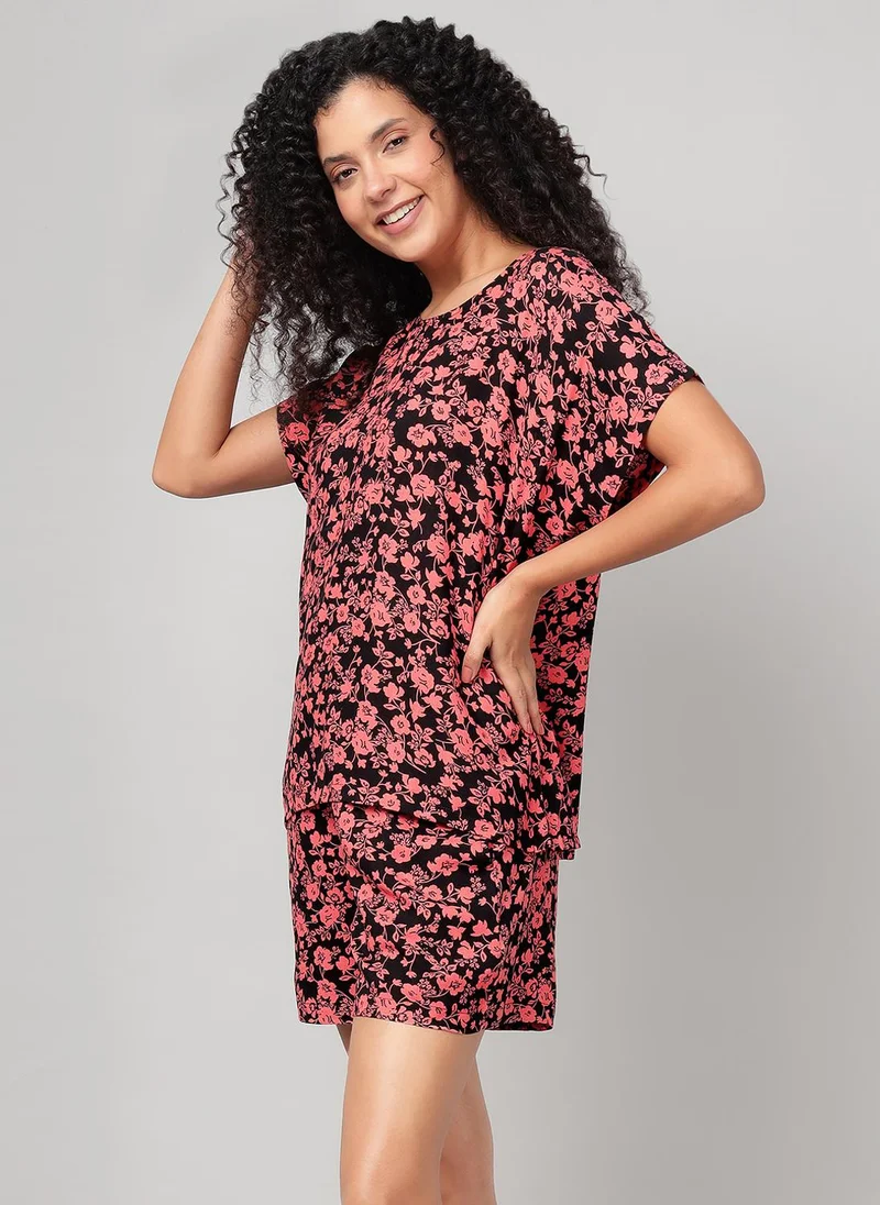 Clovia Black Clovia Floral Print Top & Shorts Set in Black - Rayon for Women | Best Price UAE