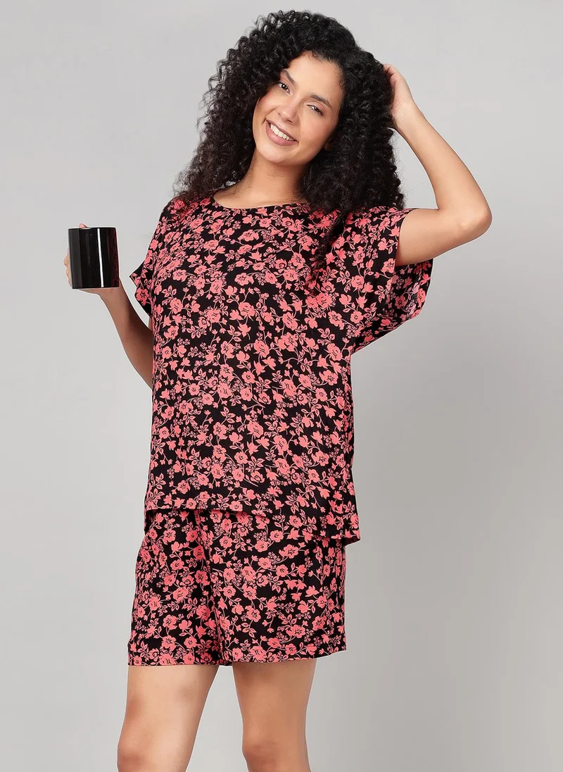 Clovia Black Clovia Floral Print Top & Shorts Set in Black - Rayon for Women | Best Price UAE