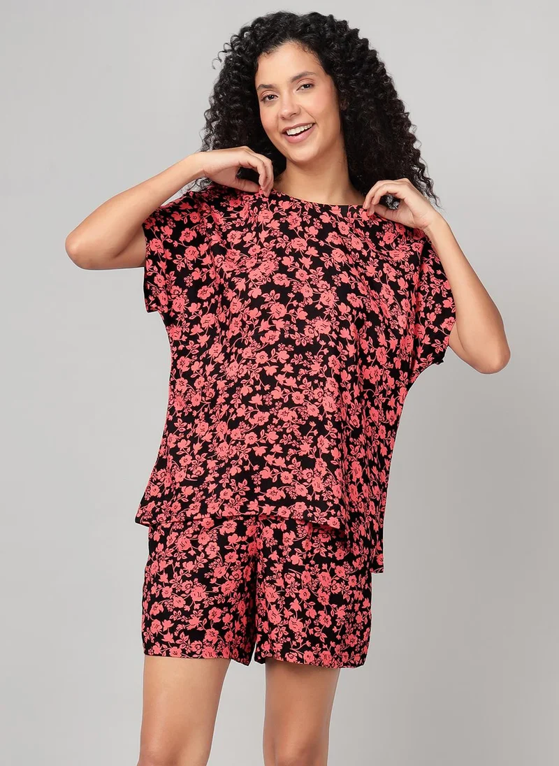 Clovia Black Clovia Floral Print Top & Shorts Set in Black - Rayon for Women | Best Price UAE