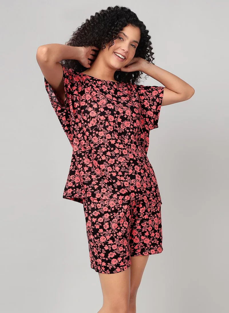Clovia Black Clovia Floral Print Top & Shorts Set in Black - Rayon for Women | Best Price UAE