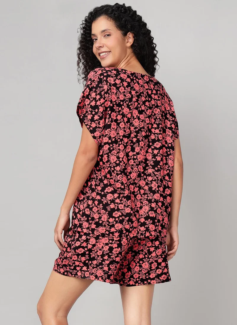 Clovia Black Clovia Floral Print Top & Shorts Set in Black - Rayon for Women | Best Price UAE