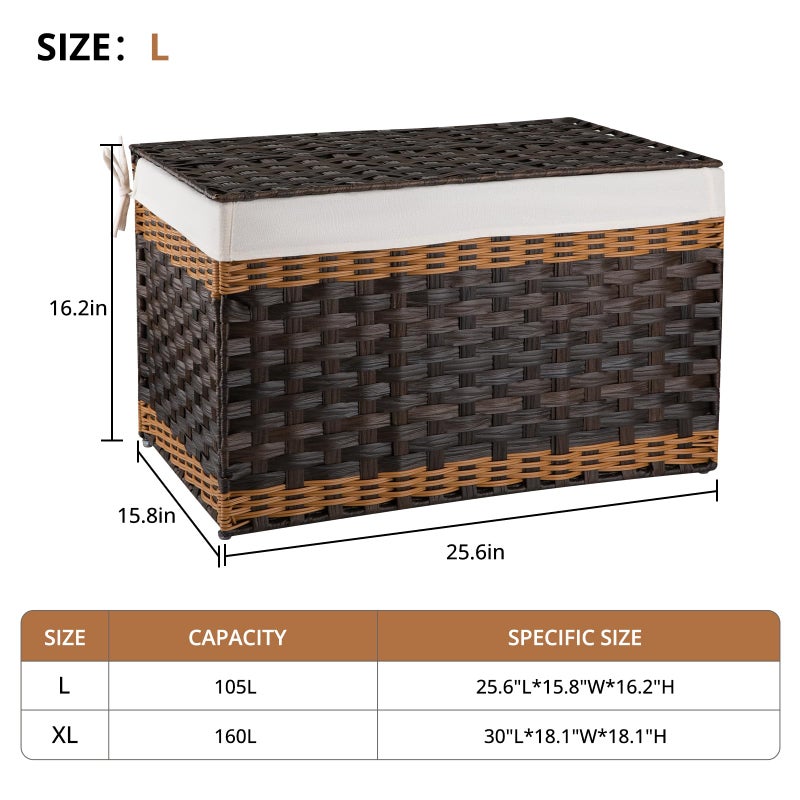 OIAHOMY Storage Basket with Lid, 27.7 Gallon (105L) Blanket Basket with Removable Liner Bag, Synthetic Wicker Hamper with Handle, Foldable, Hamper for Living Room, Brown - Image 3