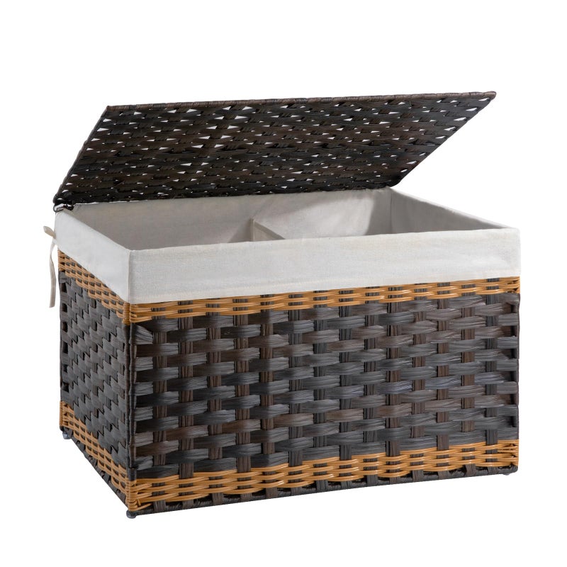 OIAHOMY Storage Basket with Lid, 27.7 Gallon (105L) Blanket Basket with Removable Liner Bag, Synthetic Wicker Hamper with Handle, Foldable, Hamper for Living Room, Brown - Image 1