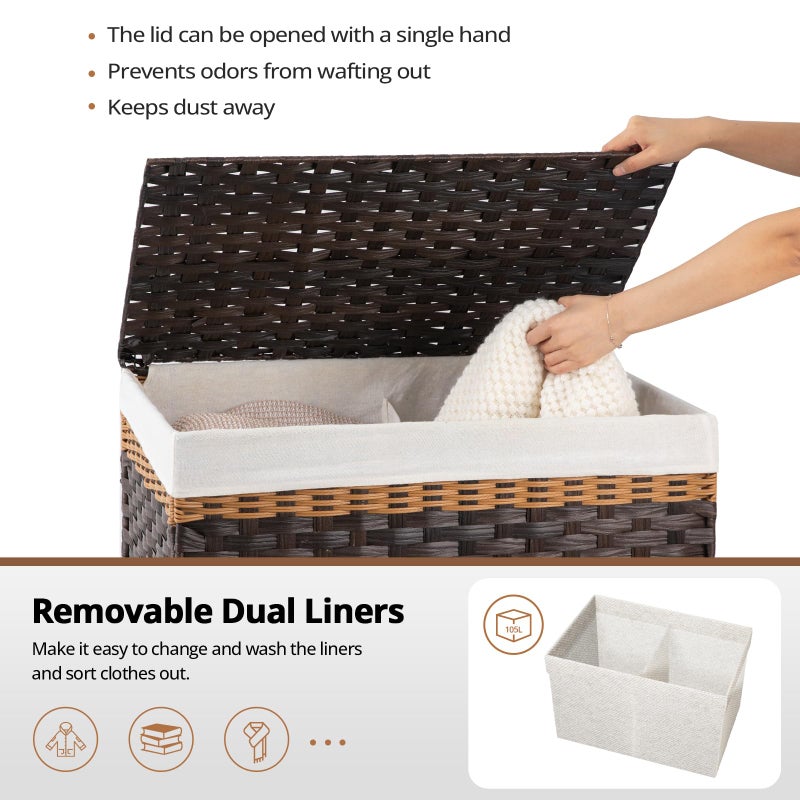 OIAHOMY Storage Basket with Lid, 27.7 Gallon (105L) Blanket Basket with Removable Liner Bag, Synthetic Wicker Hamper with Handle, Foldable, Hamper for Living Room, Brown - Image 4