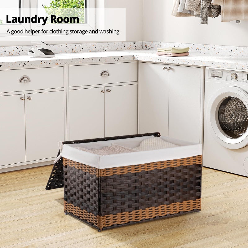 OIAHOMY Storage Basket with Lid, 27.7 Gallon (105L) Blanket Basket with Removable Liner Bag, Synthetic Wicker Hamper with Handle, Foldable, Hamper for Living Room, Brown - Image 2