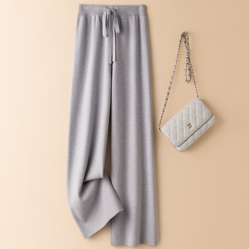 Autumn and Winter Wool Elastiness High Waist Knitted Wide Leg Pants Womens Outer Wear Slimming Straight Long Pants Loose Draped European and American light camel