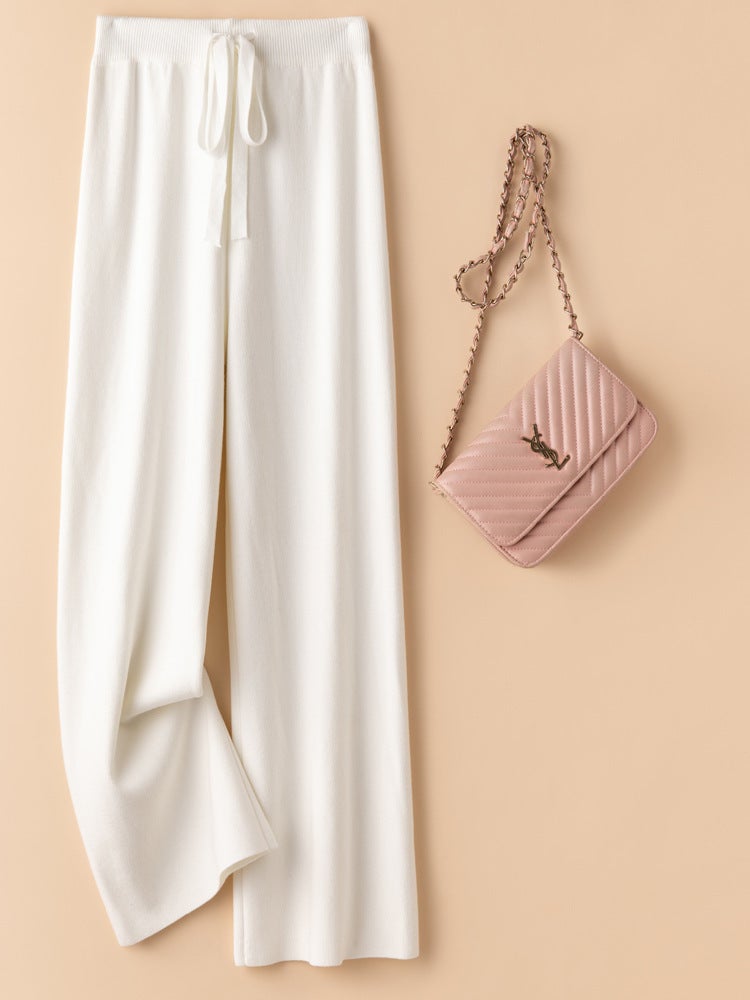 Autumn and Winter Wool Elastiness High Waist Knitted Wide Leg Pants Womens Outer Wear Slimming Straight Long Pants Loose Draped European and American light camel