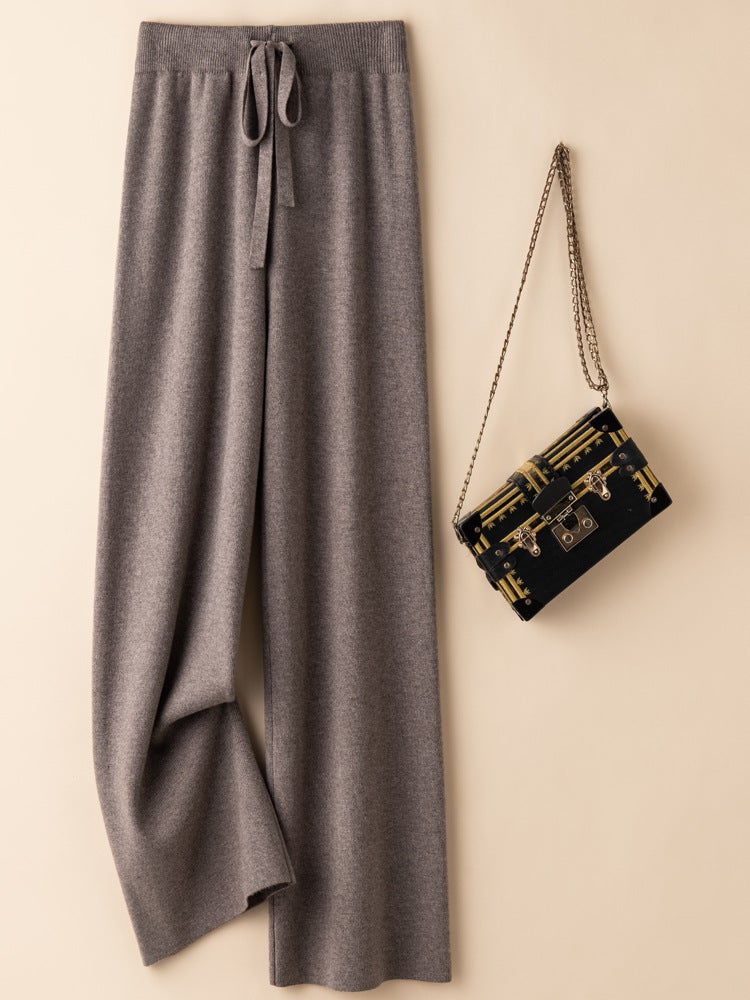 Autumn and Winter Wool Elastiness High Waist Knitted Wide Leg Pants Womens Outer Wear Slimming Straight Long Pants Loose Draped European and American light camel