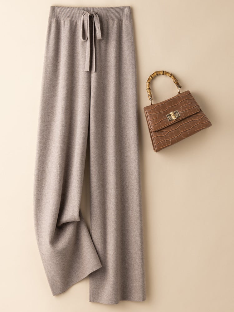 Autumn and Winter Wool Elastiness High Waist Knitted Wide Leg Pants Womens Outer Wear Slimming Straight Long Pants Loose Draped European and American light camel