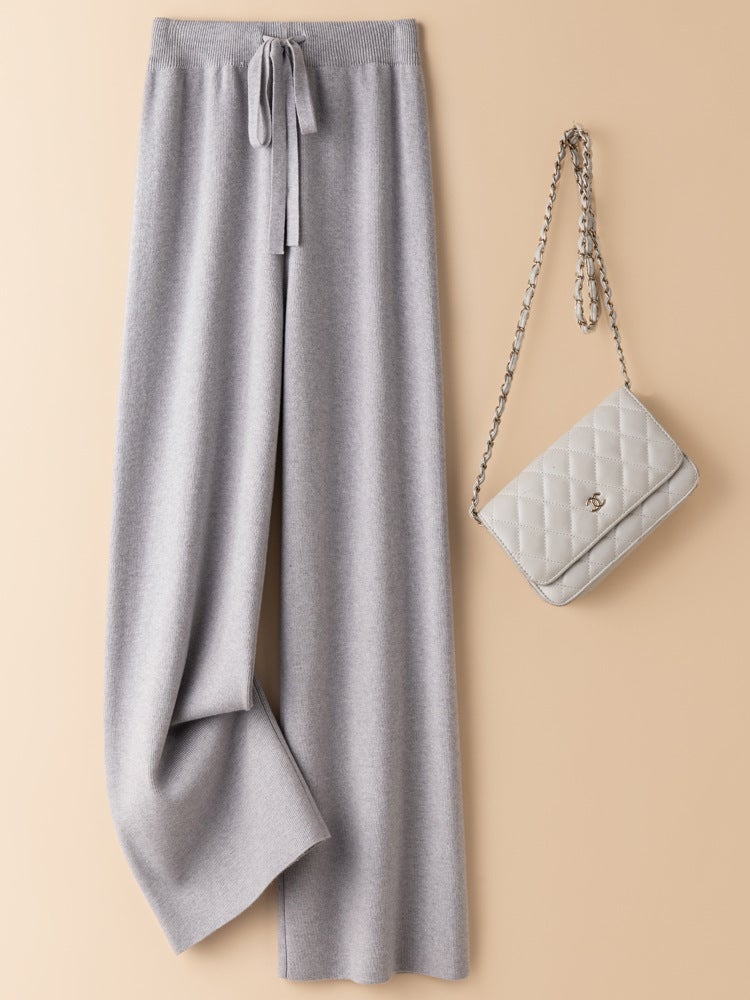 Autumn and Winter Wool Elastiness High Waist Knitted Wide Leg Pants Womens Outer Wear Slimming Straight Long Pants Loose Draped European and American light camel