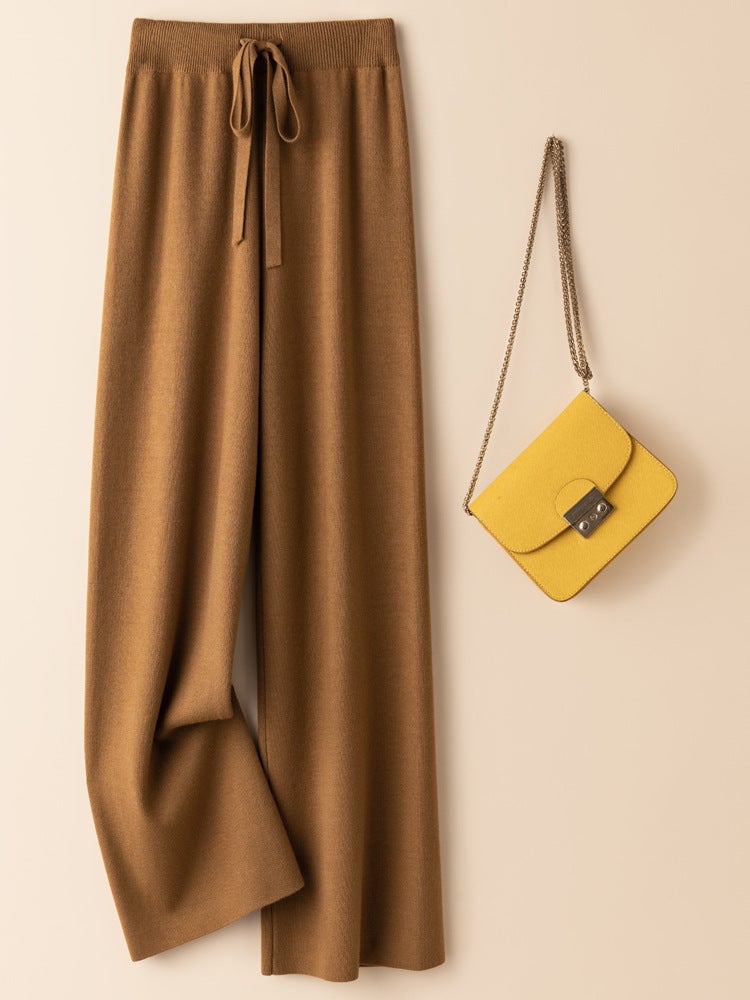 Autumn and Winter Wool Elastiness High Waist Knitted Wide Leg Pants Womens Outer Wear Slimming Straight Long Pants Loose Draped European and American light camel