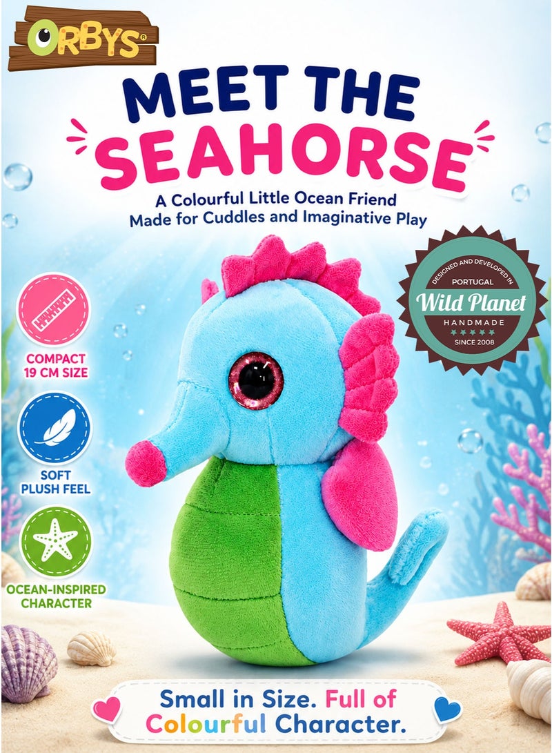 Wild Planet Orbys Seahorse Plush Toy, Soft Ocean-Inspired Stuffed Animal with Aqua Blue Body, Bright Pink Crest, Fins and Snout Tip, Lime Green Belly, Large Sparkling Pink Eyes and Curved Tail, Compact 19 × 19 × 7 cm Multicolour Soft Toy for Cuddling, Storytelling, Imaginative Play and Gifting, Suitable for 0+ Months - Image 1