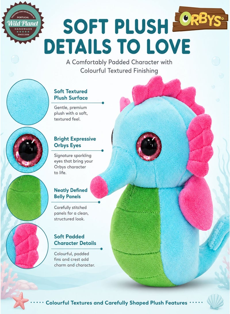 Wild Planet Orbys Seahorse Plush Toy, Soft Ocean-Inspired Stuffed Animal with Aqua Blue Body, Bright Pink Crest, Fins and Snout Tip, Lime Green Belly, Large Sparkling Pink Eyes and Curved Tail, Compact 19 × 19 × 7 cm Multicolour Soft Toy for Cuddling, Storytelling, Imaginative Play and Gifting, Suitable for 0+ Months - Image 3