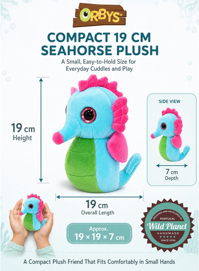 Wild Planet Orbys Seahorse Plush Toy, Soft Ocean-Inspired Stuffed Animal with Aqua Blue Body, Bright Pink Crest, Fins and Snout Tip, Lime Green Belly, Large Sparkling Pink Eyes and Curved Tail, Compact 19 × 19 × 7 cm Multicolour Soft Toy for Cuddling, Storytelling, Imaginative Play and Gifting, Suitable for 0+ Months - Image 4