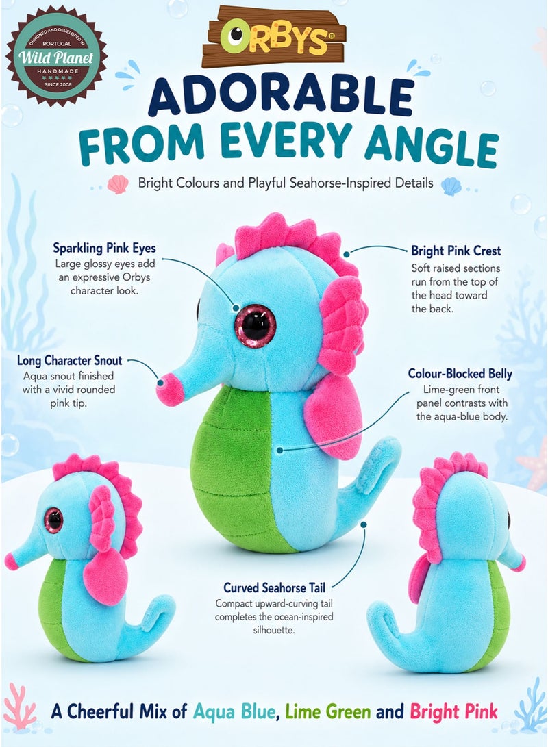 Wild Planet Orbys Seahorse Plush Toy, Soft Ocean-Inspired Stuffed Animal with Aqua Blue Body, Bright Pink Crest, Fins and Snout Tip, Lime Green Belly, Large Sparkling Pink Eyes and Curved Tail, Compact 19 × 19 × 7 cm Multicolour Soft Toy for Cuddling, Storytelling, Imaginative Play and Gifting, Suitable for 0+ Months - Image 2