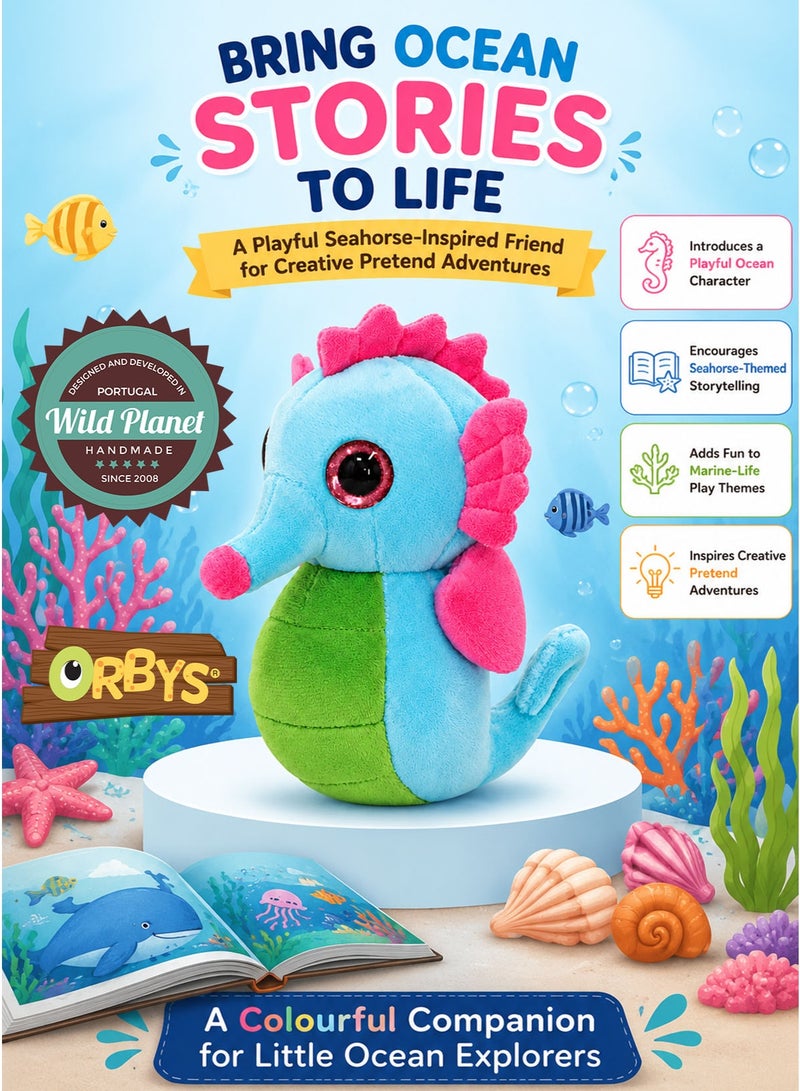 Wild Planet Orbys Seahorse Plush Toy, Soft Ocean-Inspired Stuffed Animal with Aqua Blue Body, Bright Pink Crest, Fins and Snout Tip, Lime Green Belly, Large Sparkling Pink Eyes and Curved Tail, Compact 19 × 19 × 7 cm Multicolour Soft Toy for Cuddling, Storytelling, Imaginative Play and Gifting, Suitable for 0+ Months - Image 5