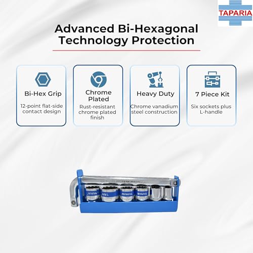 Taparia S31MXL 1/2 Inch Square Drive 7 Pc Socket Set, 6-Piece Bihexagonal Sockets Plus L-Handle | Industrial Heavy Duty Kit | Compact Carry Case - Image 3