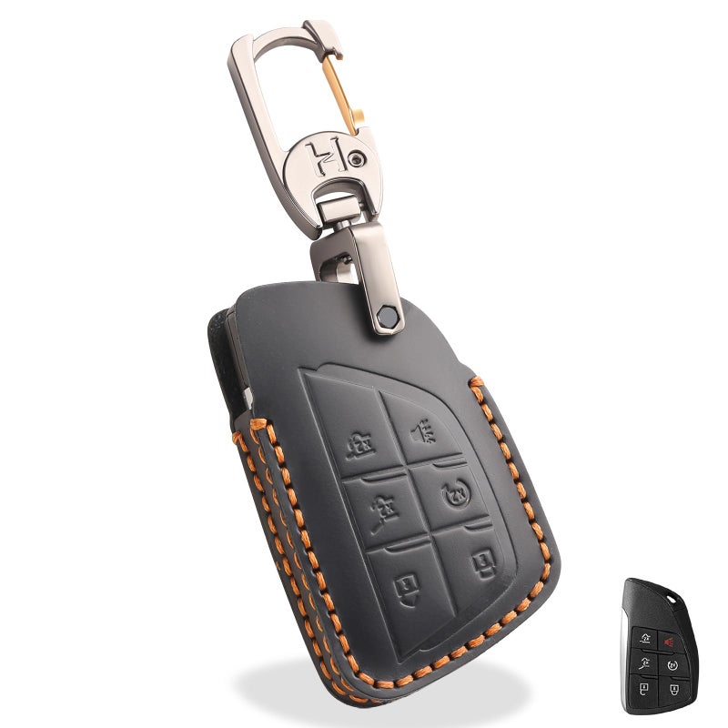 OLLEN Genuine Leather Key Fob Cover 20212026 Fit for GMC Yukon Denali Sierra Chevy Silverado Suburban Tahoe Buick etc Leather Smart Remote Key Protector 6 Buttons Black
