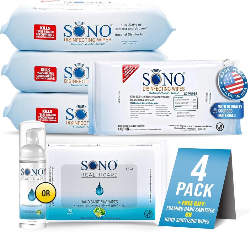 SONO Disinfecting Wipes - Antibacterial, No Alcohol & Bleach, Medical-Grade, All-Purpose - School, Household, Dorm, Salons, Spas, Wellness & Yoga Studios Cleaning Kit - 320 ct (pack of 4) w/Sanitizer - Image 1