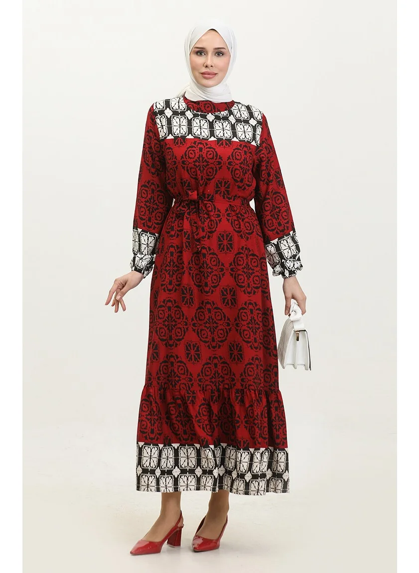 Sefa Merve Patterned Belted Viscose Dress 0379-04 Red