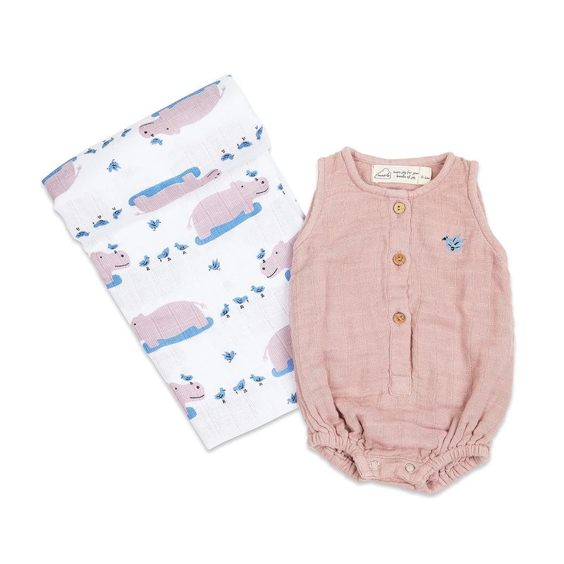 Masilo Organic Cotton Baby Romper and Swaddle Blanket Gift Set - Pink - Size 6-12 Months - Unisex - Happy As A Hippo - Image 1