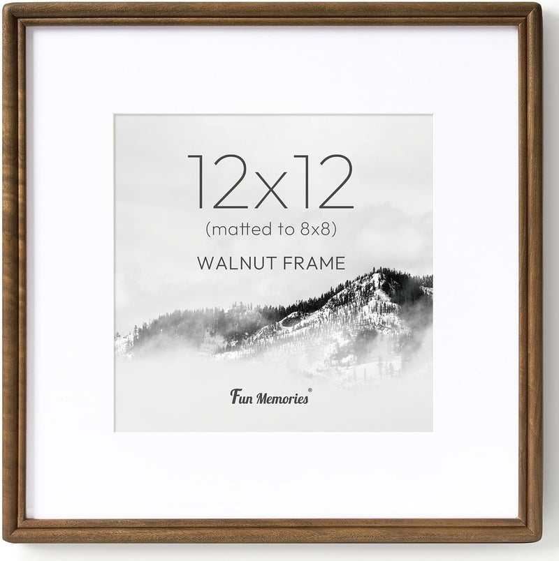 Fun Memories 12x12 Picture Frame, Handcrafted Walnut Wood Picture Frame 12 x 12, Square Photo Frame with High Tempered Glass, Wooden Frame Matted to 8x8 Photo, Wall Mounted, Set of 1 - Image 1