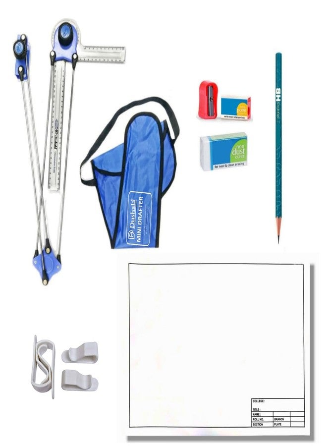 Dushala Engineering Mini Drafter Set with Drawing Sheets, Pencil, Eraser, Sharpener, Plastic sheet holding Clips (Drawing set with 10 sheets) - Image 1