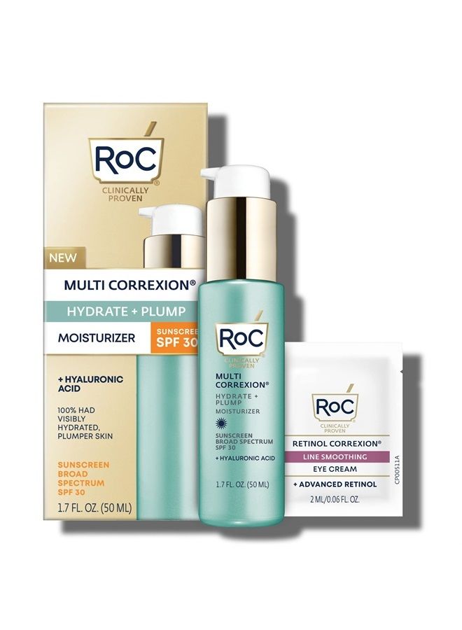 RoC Multi Correxion 1.5% Pure Hyaluronic Acid Anti Aging Daily Face Moisturizer with Broad Spectrum Sunscreen SPF 30 (1.7 oz) + Eye Cream Packette, Paraben-free Skin Care for Women & Men  - Image 1